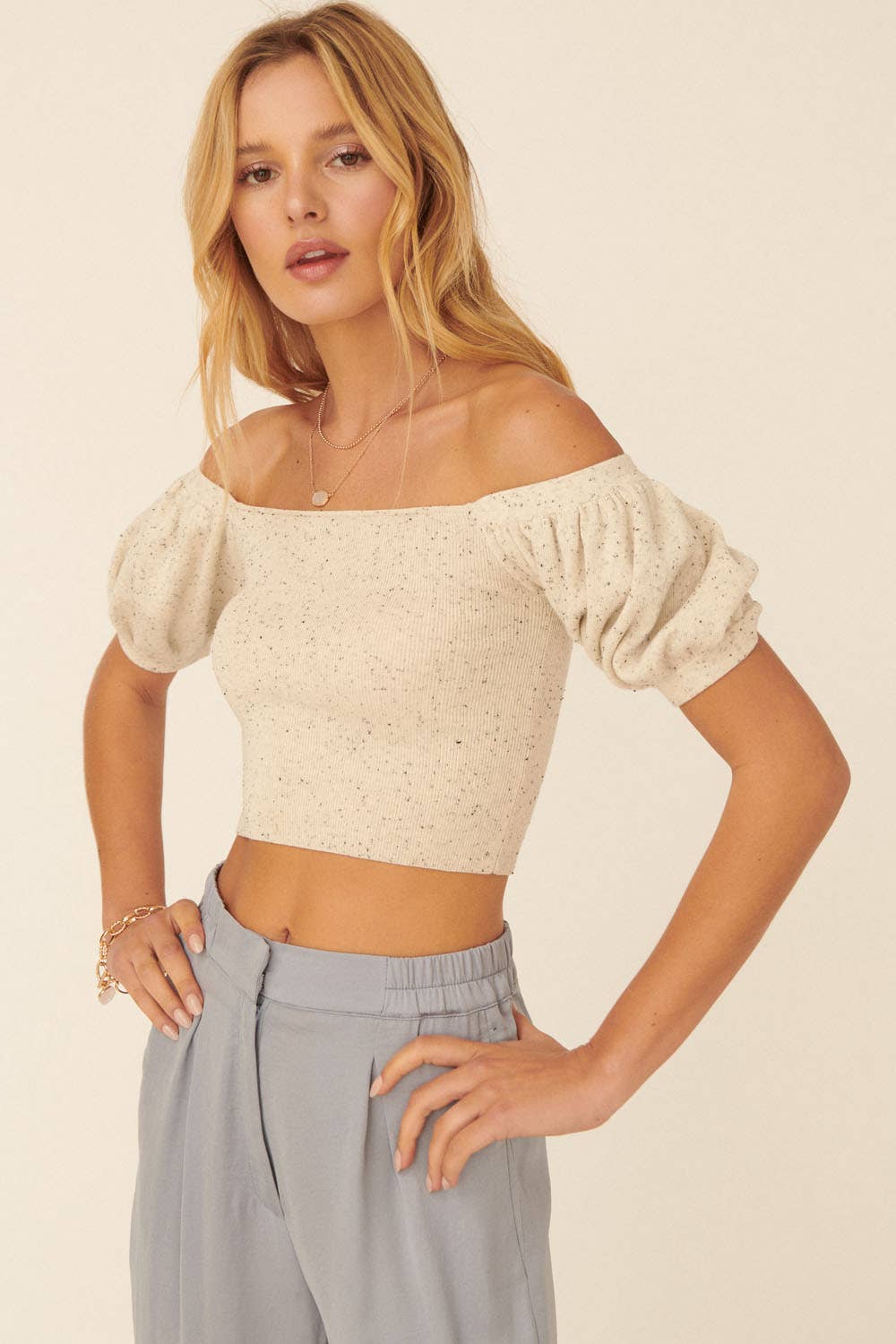 Addy Speckled Rib Knit Off Shoulder Puff Crop Sweater - Sweater Crop Top - essecoco