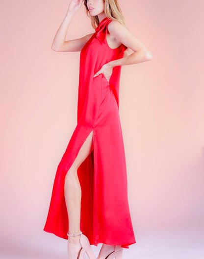 red satin one shoulder maxi dress
