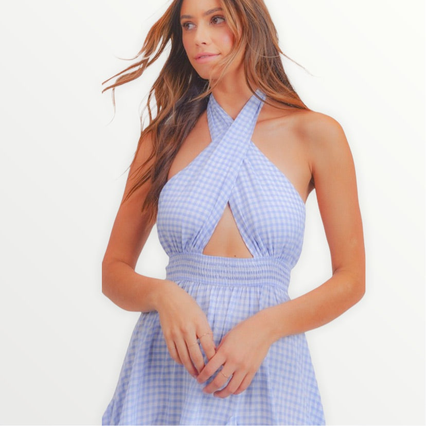  Gingham Halter Neck Mini Dress - Halter Dress - essecoco
