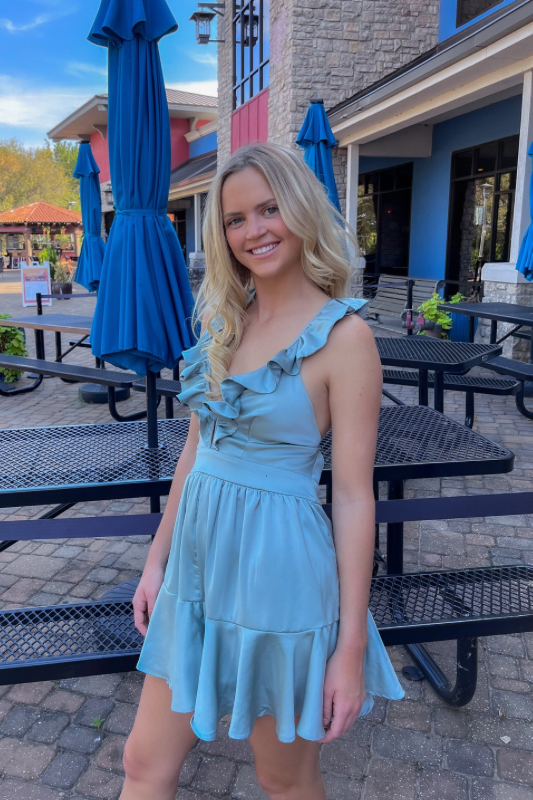 Carsen Dusty Blue Satin Romper - Jumpsuits & Rompers - essecoco