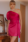 Ginny Raspberry Sash Belted One Shoulder Dress - One shoulder dress - essecoco