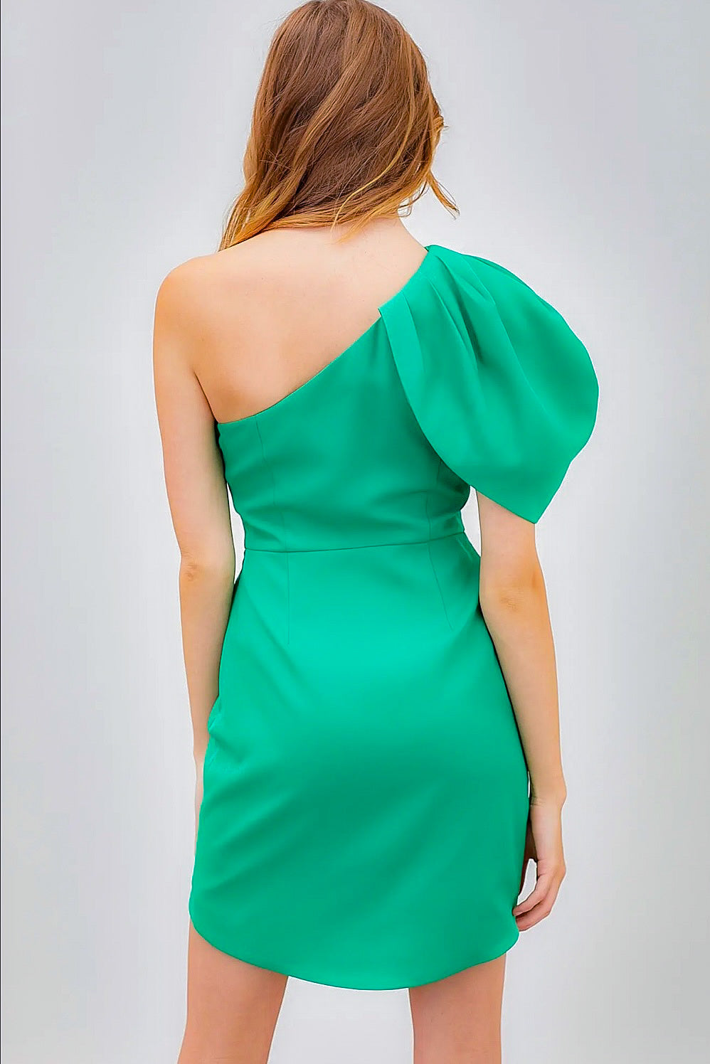 Eden Paris Green One Shoulder Puff Sleeve Dress - One shoulder dress - essecoco
